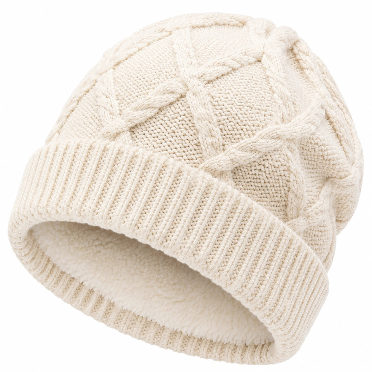 Bonnet taille unique en maille écru doublé style torsadé pour hiver