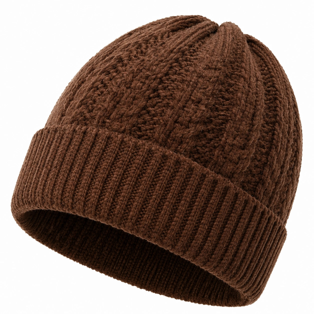 Bonnet taille unique en maille marron à revers - style côtelé